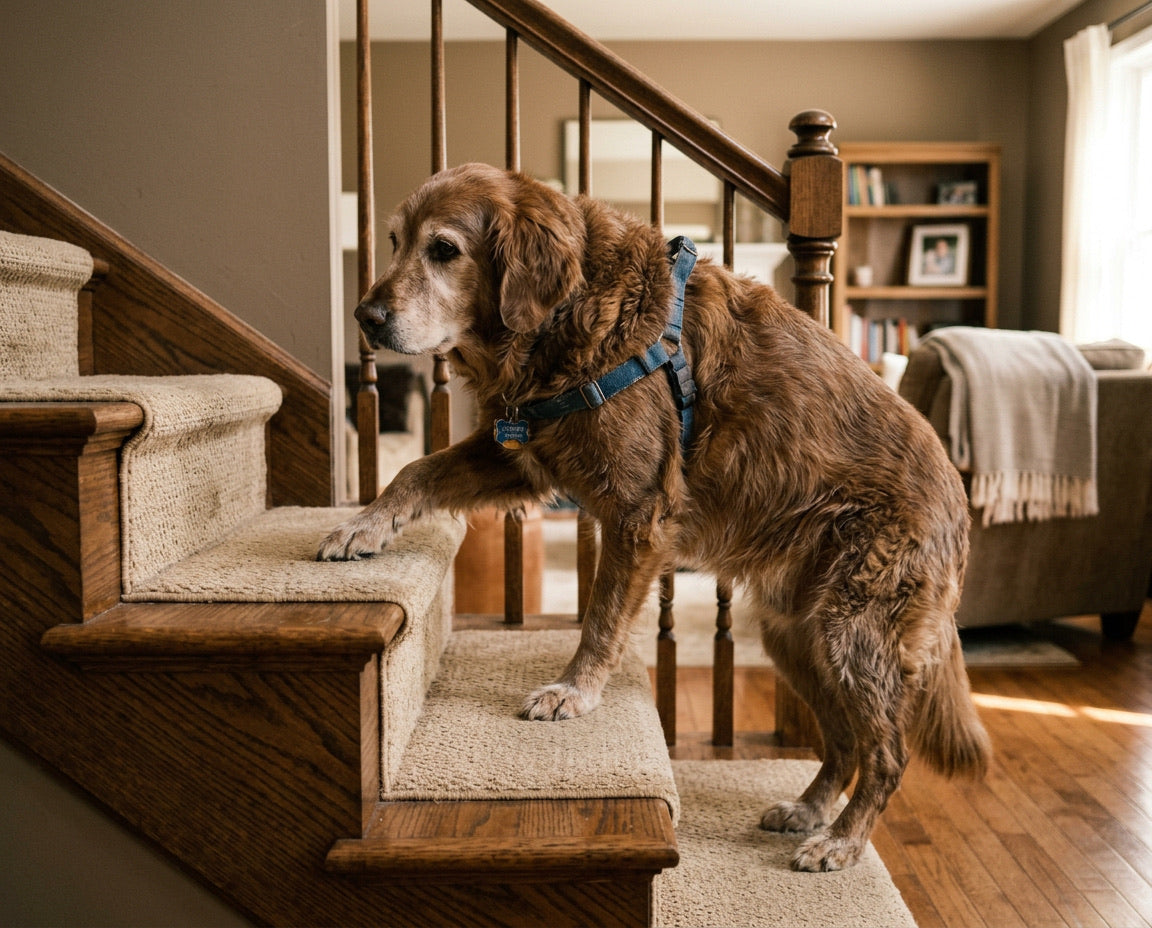 [REPLACE: dog hesitating at bottom of stairs]